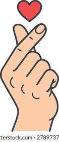 A cartoon-style illustration of a hand making the Korean finger heart gesture, with a red heart symbol floating above the fingertips.
