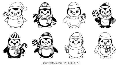 cartoon-style illustration of a happy baby penguin wearing a cozy winter hat and scarf, holding a candy cane. The penguin has a big smile and expressive eyes, making it look joyful and festive.