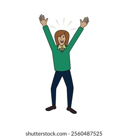 A cartoon-style illustration of a happy individual with arms raised in the air, expressing excitement and triumph. Perfect for motivational or celebratory themes