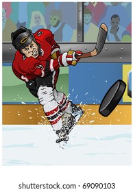 Cartoon-style illustration: a hockey player making a slap-shot