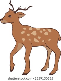 Cartoon-style illustration of a large brown deer with white spots, standing in a natural pose