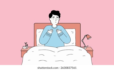 A cartoon-style illustration of a man in bed, with his hands placed on his chest, eyes closed, in a pink room with bedside tables.
