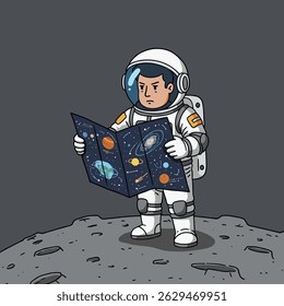 Cartoon-style illustration of a man in a space suit holding a tiny spaceship while sitting comfortably on the moon.