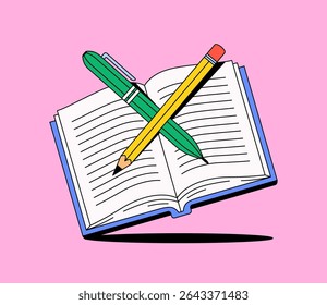 Cartoon-style illustration of an open book with a pencil and pen crossed over it. Ideal for themes like writing, studying, or education-related visuals.