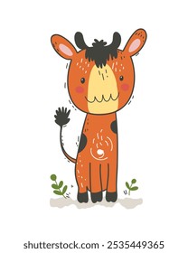 Cartoon-style illustration of an orange cow with playful details, perfect for children's books and farm-themed projects