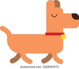 Cartoon-style illustration of an orange dog with a red collar and yellow tag, depicted in a side profile, walking with eyes closed, minimalistic design with solid colors and basic shapes