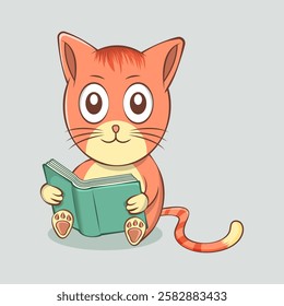 Cartoon-style illustration of an orange kitten reading a book: big eyes, happy expression, ideal for children's books, educational materials, storytelling themes. 