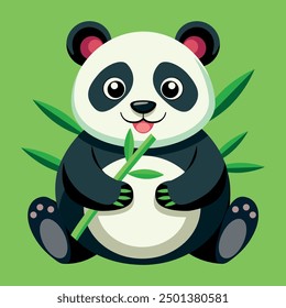 Cartoon-style illustration of a panda holding a bamboo branch in its paws on a green background