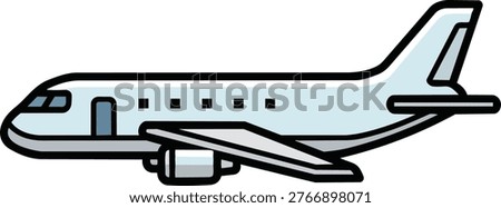 A cartoon-style illustration of a passenger airplane, featuring black outlines and distinct details, set against a plain background.