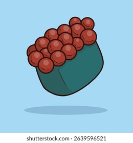 Cartoon-style illustration of a piece of sushi topped with red caviar. The sushi is depicted in a simple, stylized manner with bold outlines and colors. The background is a light blue color.