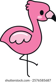 Cartoon-style illustration of a pink flamingo standing on one leg. The flamingo has a black beak with a pink base, small black eye, and rounded head. Its body is pink with a lighter pink wing outlined