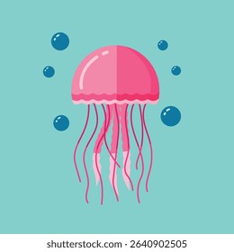 a cartoon-style illustration of a pink jellyfish with several blue bubbles floating around it. flat style design. jellyfish logo
