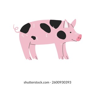 A cartoon-style illustration of a pink pig with black patches. Cute hand-drawn farm animal.
