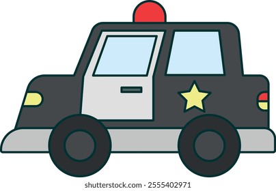 Cartoon-style illustration of a police car. The car is black with a white door and has a yellow star emblem on the side. There is a red light on top of the car.