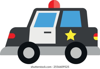 A cartoon-style illustration of a police car. The car is black with a white door, a yellow star on the side, and a red light on top. Law enforcement