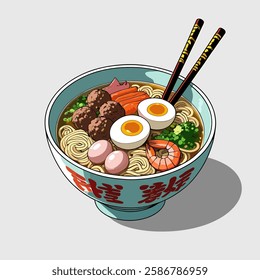 Cartoon-style illustration of ramen bowl with eggs, shrimp, meatballs, and noodles