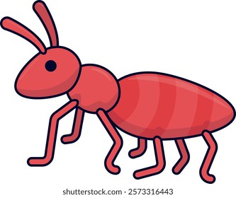 Cartoon-style illustration of a red ant with six legs, two antennae, and a black eye. The ant is segmented into three parts: head, thorax, and abdomen. Simplified and friendly design.