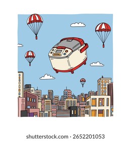 Cartoon-style illustration of a rice cooker floating in the sky above a city, with parachutes nearby.