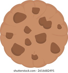 Cartoon-style illustration of a round light brown chocolate chip cookie with irregularly shaped dark brown chips scattered across the surface.