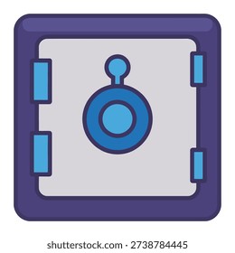 A cartoon-style illustration of a secure safe with a combination lock, depicted in shades of purple, blue, and gray, representing protection and valuable storage.