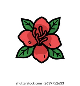 A cartoon-style illustration shows a vibrant red flower surrounded by symmetrical green leaves, all outlined in black, set against a clean white backdrop.