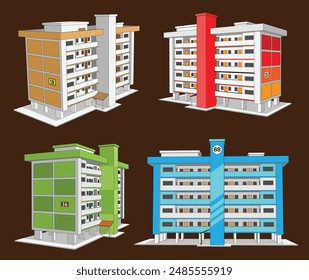 Ilustración de estilo caricaturista de los pisos de viviendas públicas de Singapur, que muestra la colorida arquitectura y la vibrante atmósfera de la comunidad.