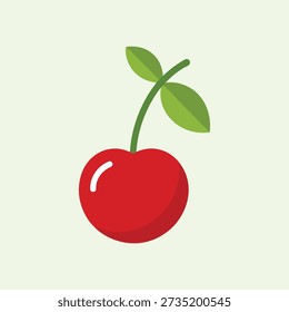 a cartoon-style illustration of a single red cherry with a green stem and two green leaves on a pale green background