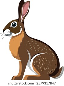 A cartoon-style illustration of a sitting brown hare with long ears, a fluffy tail, and detailed fur texture. The hare has an alert and curious expression