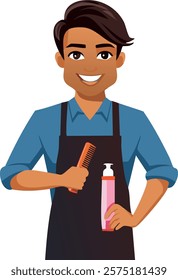 A cartoon-style illustration of a smiling male hairdresser wearing an apron, holding a comb and a bottle of hair product