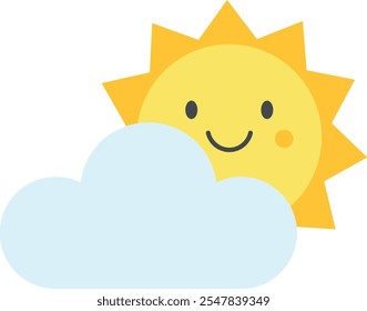 Cartoon-style illustration of a smiling sun partially obscured by a light blue cloud. The sun has a cheerful face with triangular rays radiating outward. 