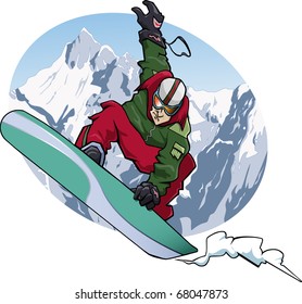 Cartoon-style illustration: a snowboarder is jumping. He wears a red and green suit. Snowy mountains on the background.