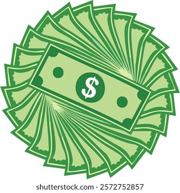 A cartoon-style illustration of a stack of green dollar bills arranged in a circular pattern, symbolizing wealth or finance