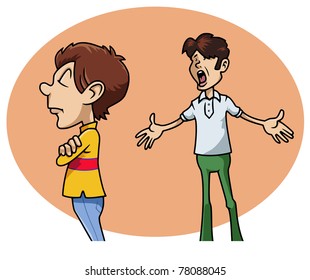 Cartoon-style illustration: a sulky whimsical boy next his irritated father