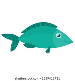 Cartoon-style illustration of a teal fish with darker teal fins and tail. The fish has a smiling face and a visible eye with a white pupil, making it appear friendly and playful.