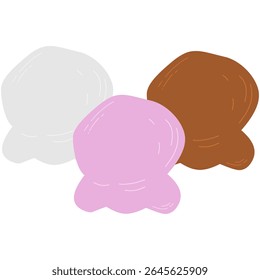 Cartoon-style illustration of three ice cream scoops in chocolate, strawberry, and vanilla flavors. Clean outlines and solid pastel colors make it suitable for food-themed designs