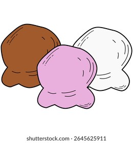 Ilustração em estilo cartoon de três colheres de sorvete nos sabores de chocolate, morango e baunilha. Contornos limpos e cores pastel sólido torná-lo adequado para projetos com temas alimentares