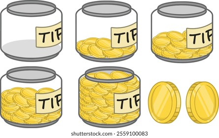 Cartoon-style illustration of tip jars filled with gold coins, labeled "TIP," and loose gold coins placed around the jars