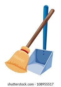 A cartoon-style illustration of a traditional straw broom with a wooden handle paired with a blue dustpan.