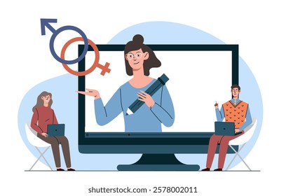 Cartoon-style illustration of two individuals with laptops attending an online gender education class. Teacher on screen holding symbolic icons. Vector illustration