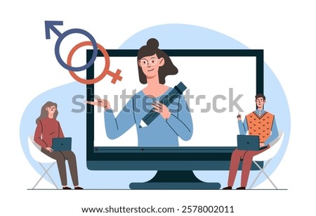 Cartoon-style illustration of two individuals with laptops attending an online gender education class. Teacher on screen holding symbolic icons. Vector illustration