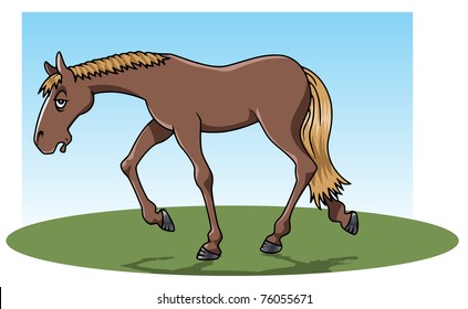 Cartoon-style illustration: a very tired brown horse walking on the grass