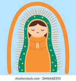 Cartoon-style illustration of the Virgin Mary, perfect for religious designs or spiritual projects with a simple yet expressive look. Kawaii-style Virgin of Guadalupe