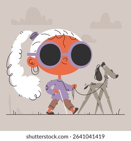 A cartoonstyle illustration of a visually impaired woman walking with her guide dog, navigating through a calm, neutral environment with cloudlike shapes.