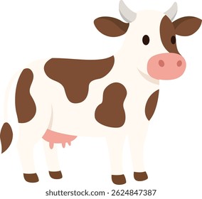 A cartoon-style illustration of a white and brown cow with pink udders, standing slightly to the right in a farm-inspired style.