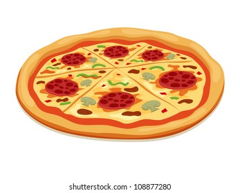 A cartoon-style illustration of a whole pepperoni pizza cut into six slices, topped with pepperoni, mushrooms, green peppers, and melted cheese. 