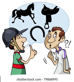 Cartoon-style illustration: a young horseman speaks using equestrian slang. The interlocutor does not understand