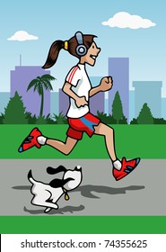 Cartoon-style illustration: a young woman is running with her small dog. She wears headphones. Skyscrapers and trees on the background