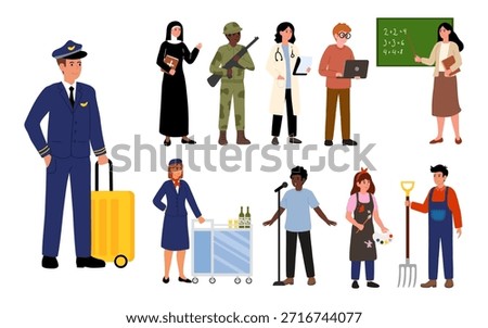 Cartoon-style illustrations, diverse professions in overalls with iconic work tools. Overalls uniformed professions.
