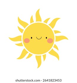 A cartoon-style image of a bright yellow sun with a happy face. The sun features a simple, smiling mouth and rosy cheeks, emanating positive energy and warmth.