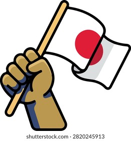 A cartoon-style image of a brown hand with blue shading holding a waving Japanese flag on a wooden stick.